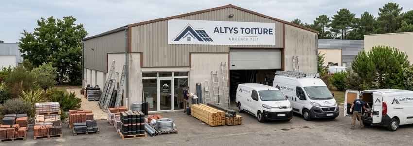 Le local d’Altys Toiture Salleboeuf : entrepôt logoté, fourgons, échelles et stock de tuiles et de liteaux