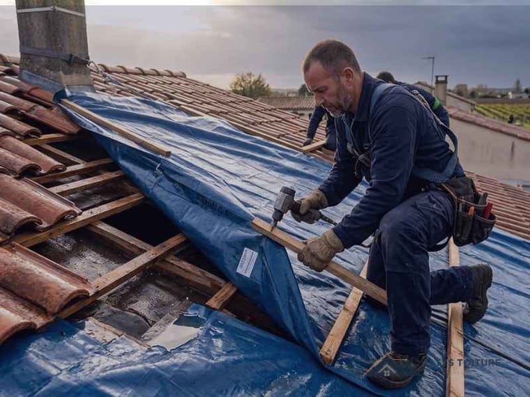Mise hors d’eau et bâchage de toiture — chantier Altys Toiture Salleboeuf à Salleboeuf